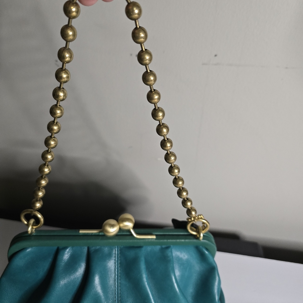 Coach Bleecker Legacy Kisslock Elegant Teal Leather Bag with Gold Chain, Vintage - Picture 9 of 13